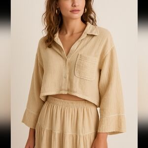 7 For All Mankind Cropped Button Down Top Gauzy Oversized Boho Beachy Size Med